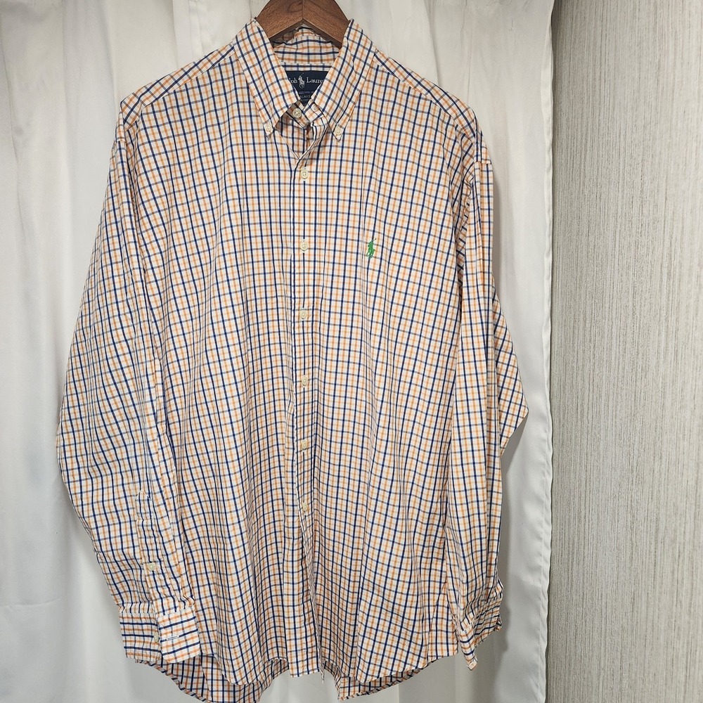 Ralph‎ Lauren Blake Shirt Mens Large White Orange Blue Plaid Button Down
